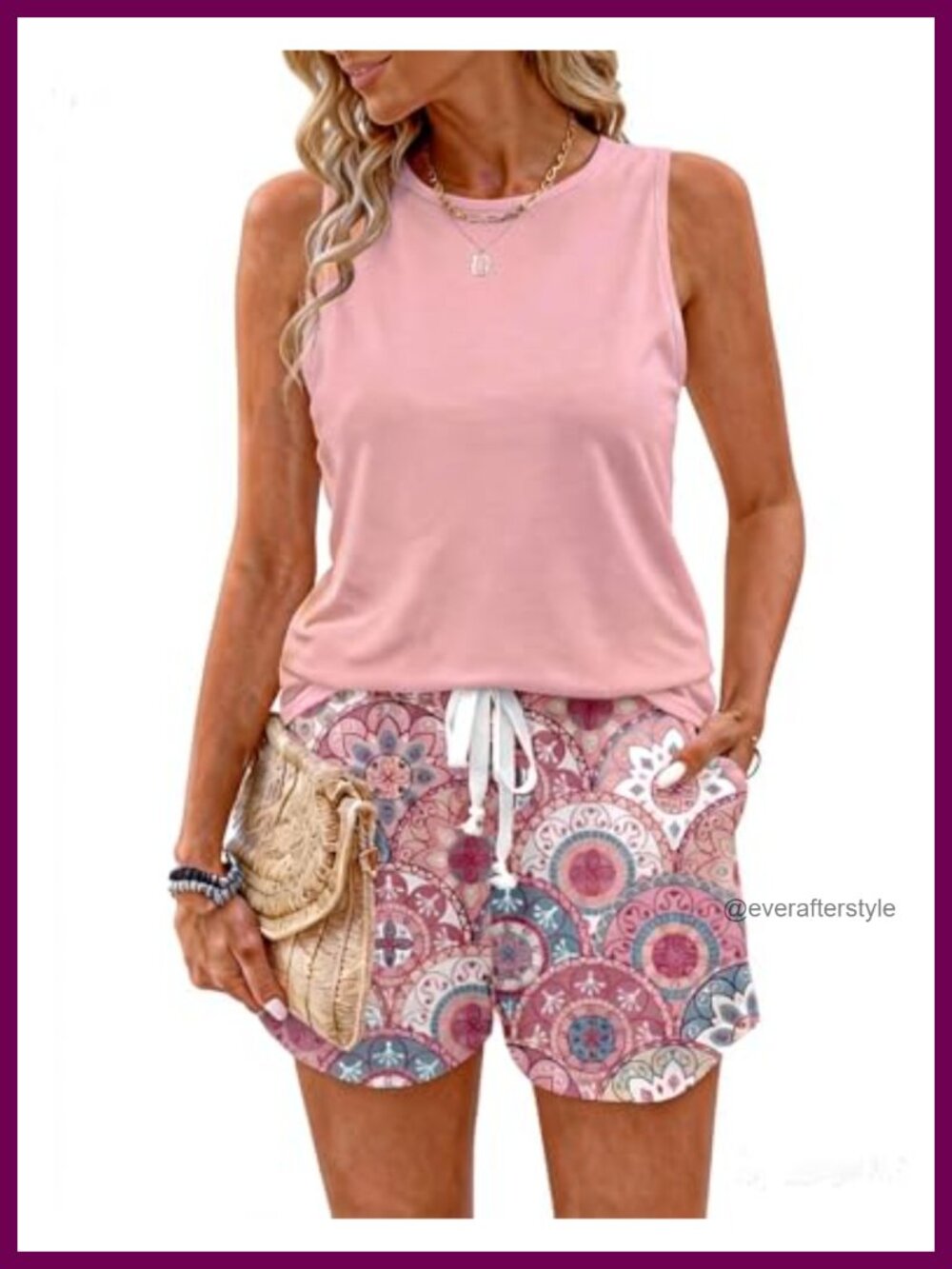 Women's 2 Piece Tropical Tank Top and Shorts Set Sleeveless Drawstring